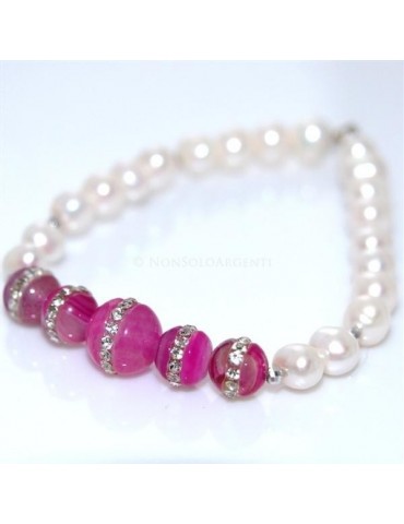 Bracciale Elastico Perle coltivate e perle di agata rosa fucsia con zirconia