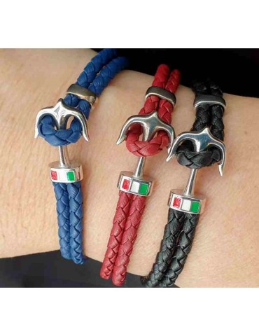 bracelet 925 silver and leather for men anchor black blue red NALBORI