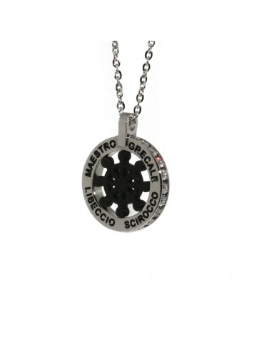Steel: chain helm pendant necklace with round black twenty zircon white