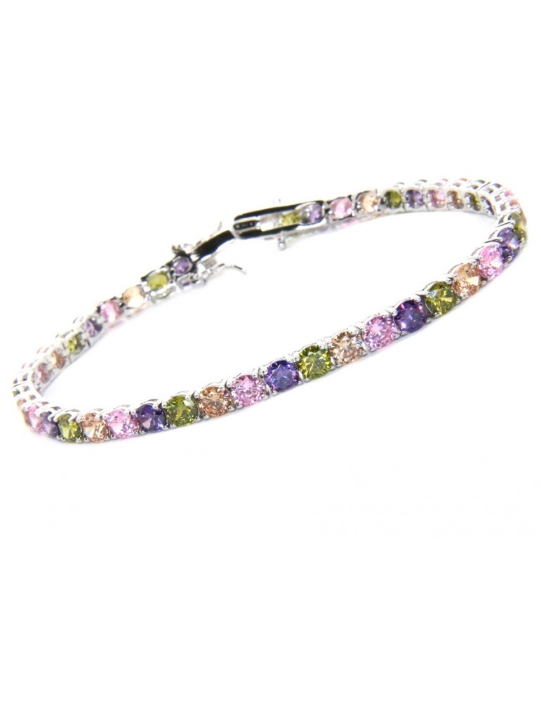 Woman's bracelet in 925 Sterling Silver Tennis model With yellow green purple rose 4 mm 17.5 cm cubic zirconia jaws