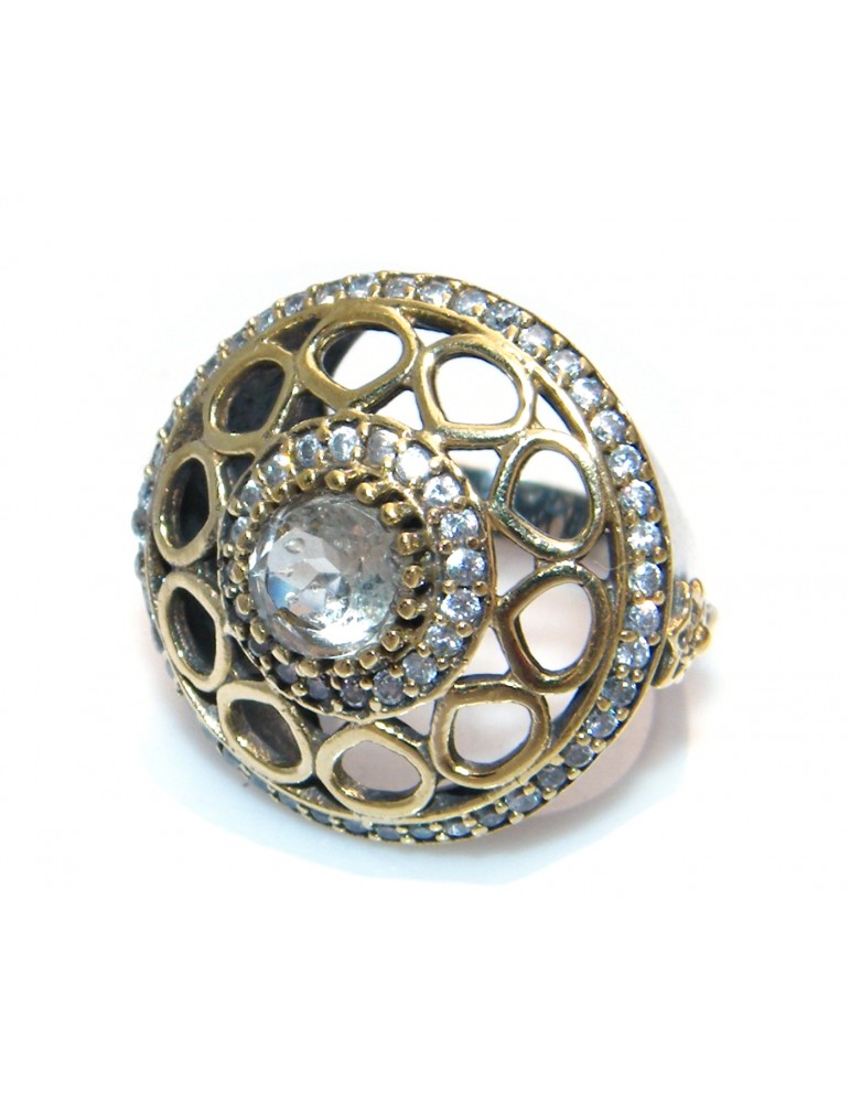 925 silver ring Patch 2 tones with antique effect zircons size 14