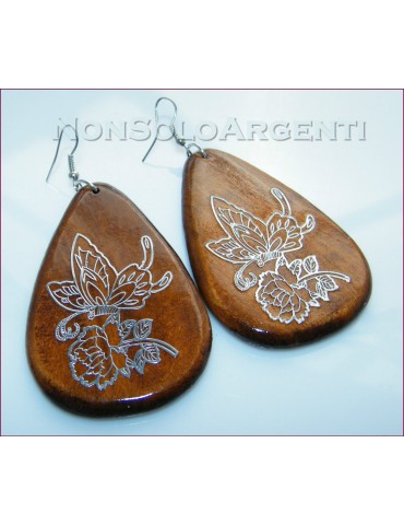 Drops earrings in wood with silver or gold engraving for women