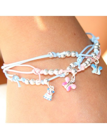 anklet bracelet Silver 925: baby girl baby pink light blue baptism favor or mother butterfly teddy bear