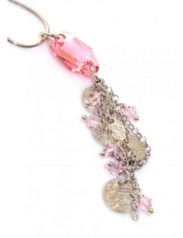 925 silver rat tail necklace for women with pink crystal pendant
