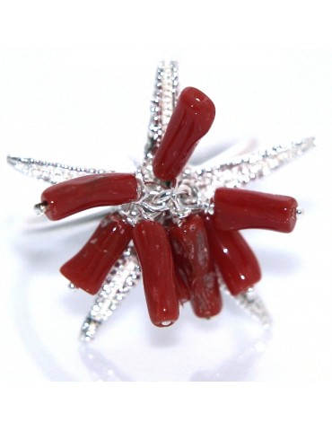 anello argento 925 corallo con stella marina e ciuffo regolabile
