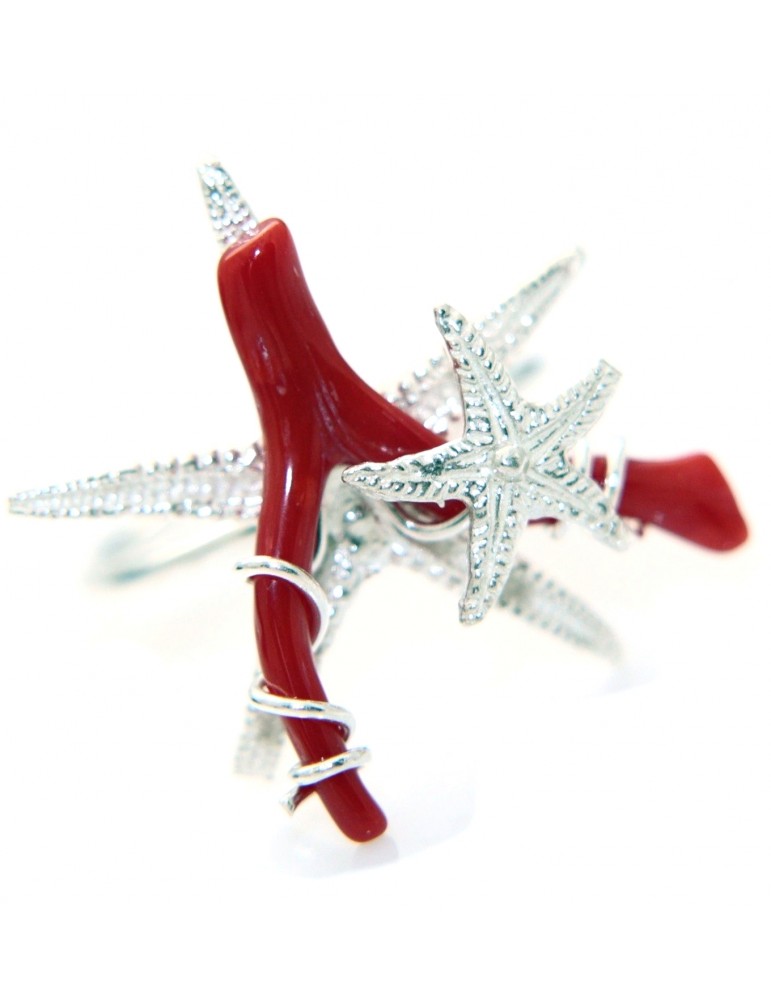 925 silver ring natural star coral and red starfish