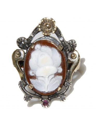 9 kt yellow gold and 925 sterling silver antique: Ring woman baroque handmade cameo oval and root ruby ​​mis 16/17
