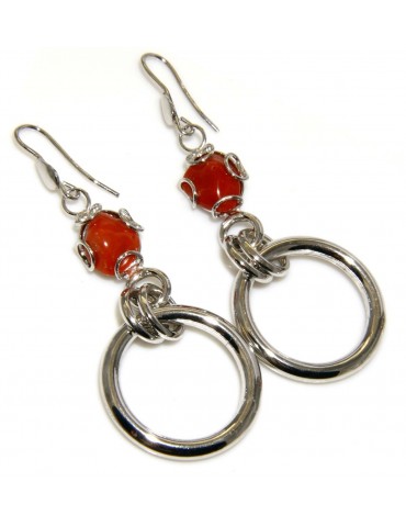 Earrings Silver 925 natural coral with circle pendants
