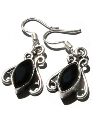 925 silver ethnic earrings, black natural onyx navette pendants