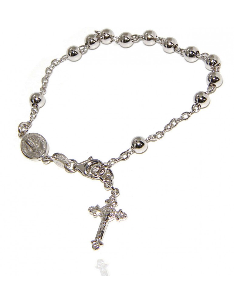 Bracciale rosario uomo donna in Argento 925 croce lavorata 18-19 cm palline da 5 mm rodiato
