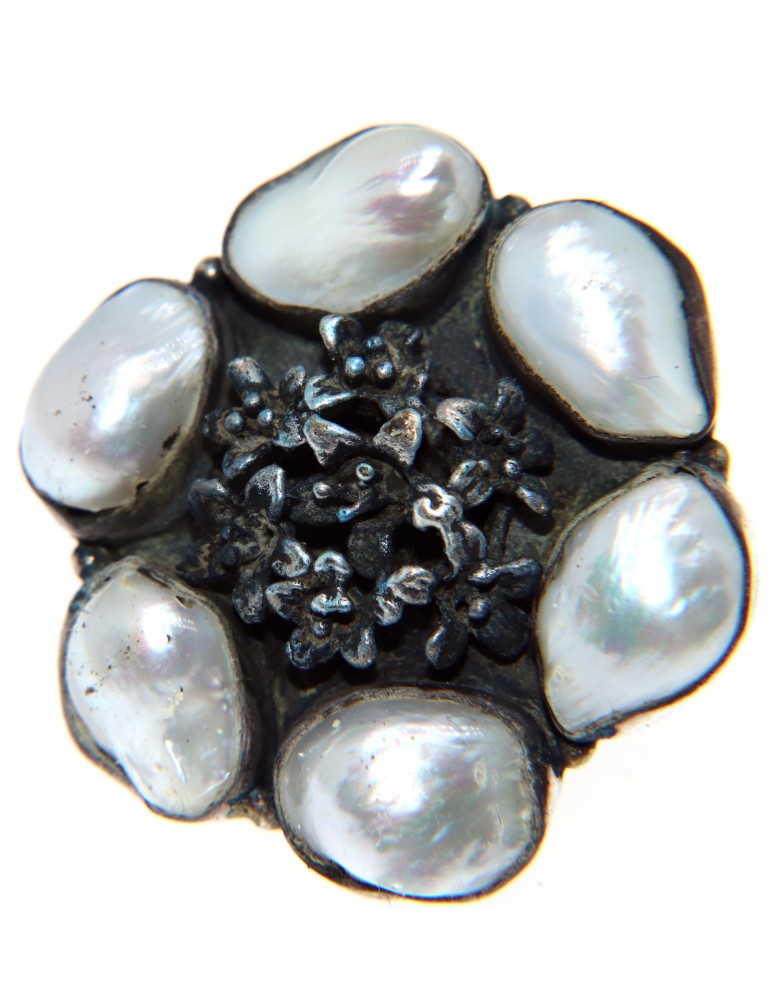 grande anello argento 925 perle naturali misura 17 etnico vintage scuro appariscente