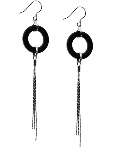 Long 925 silver earrings with rings of black agate tufts pendants