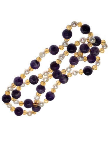 collana agata viola cristallo giallo citrino e perle naturali lunga 89cm circa