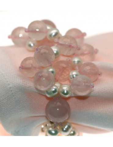 bracciale argento 925 pietre di quarzo rosa naturale e perle d'acqua dolce donna