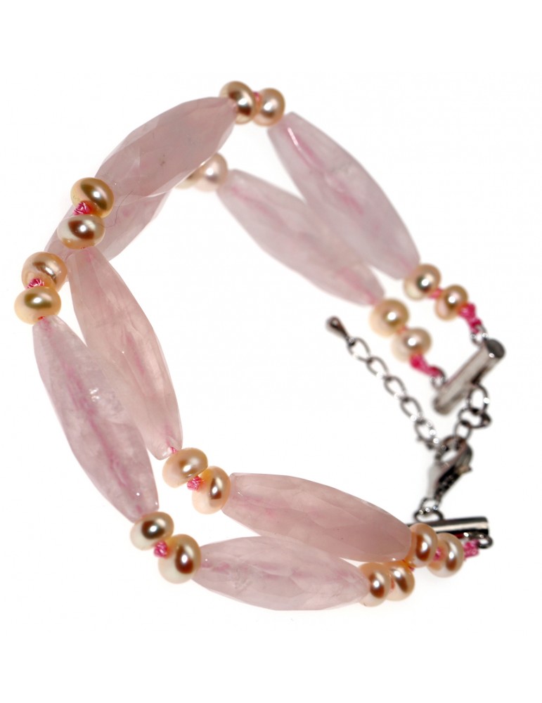 925 silver bracelet lozenge stones natural rose quartz and freshwater pearls woman