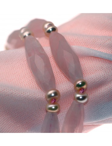 bracciale argento 925 pietre a losanga quarzo rosa naturale e perle d'acqua dolce donna
