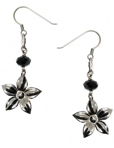 Black Crystal and Flower earrings in 925 silver for women, pendants