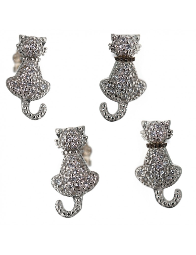 925 silver earrings with white zircons cat and kitten stylized contrariè