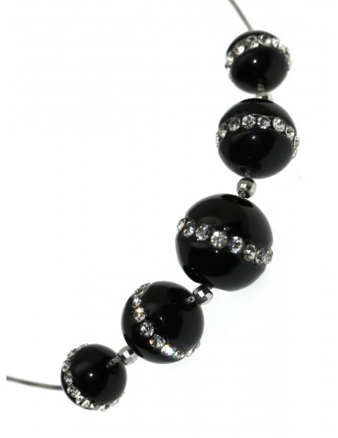 Rhodium-plated 925 silver choker with 5 passing spheres in black agate and zircons necklace
