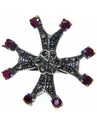 925 silver ring, Maltese Celtic cross, Marcassite ruby root, size 11, ethnic woman