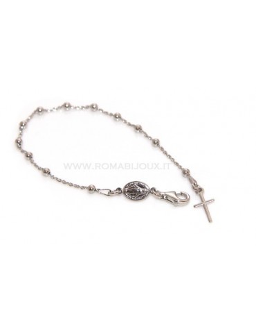 Bracciale rosario uomo o donna in Argento 925 croce liscia rod Oro bianco palline 3mm
