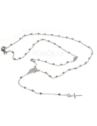 Collana rosario uomo o donna in Argento 925 croce liscia rod Oro bianco 56 cm