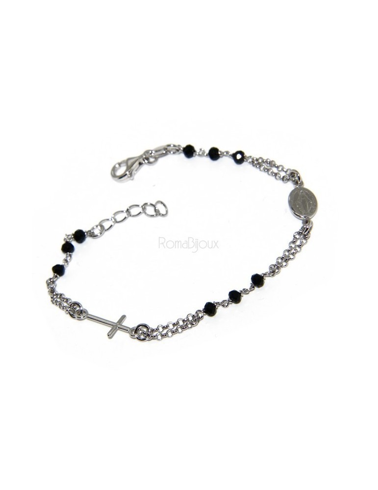 Rosary bracelet male female 925 silver Madonna image, cross and black crystal 17.00 19.50