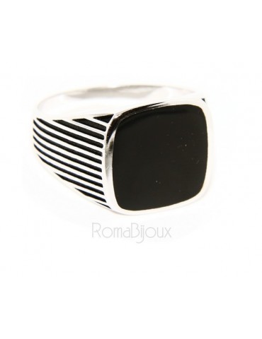 Ring 925 sterling silver men's shield chevalier square striped faux onyx