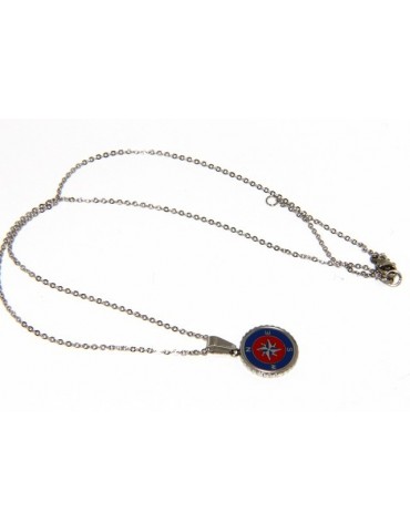 Steel: forzatina necklace with  round pendant windrose red blue enamelled
