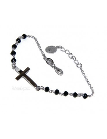 Bracciale rosario uomo in Argento 925 madonna miracolosa , croce convessa e cristallo nero . Mis 17,00 - 20.00