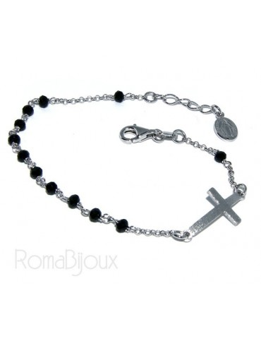 Bracelet rosary man in 925 madonna miraculous satin convex cross and black crystal. 18-20 cm