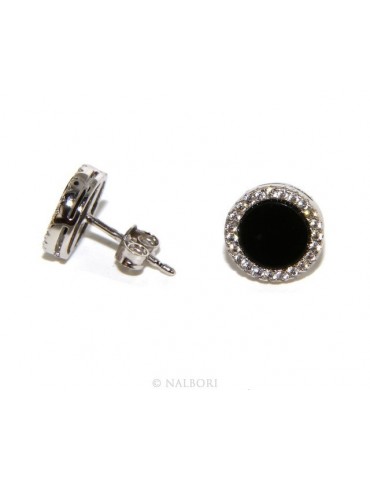 Argento 925 : coppia di orecchini 10mm uomo donna bottone cerchio nero pavè zirconi