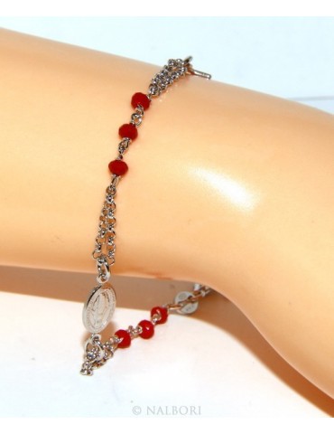 Rosary bracelet male female 925 madonna, cross and red crystal 16.00 18.50 cm