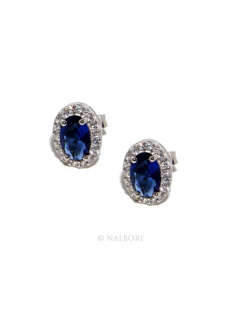 Argento 925 : orecchini donna stud bottone oval pietra zirconia cubica blu blue sapphire bluette 6x8