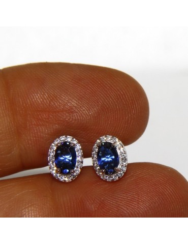 925: Women button stud earrings oval stone blue cubic zirconia blue cornflower blue sapphire 6x8