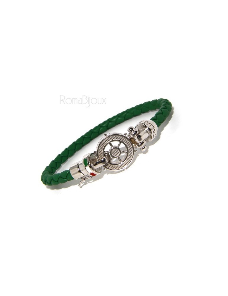 SILVER 925: big man leather bracelet with rudder and serigraphs made in italy green