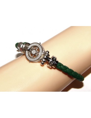 SILVER 925: big man leather bracelet with rudder and serigraphs made in italy green