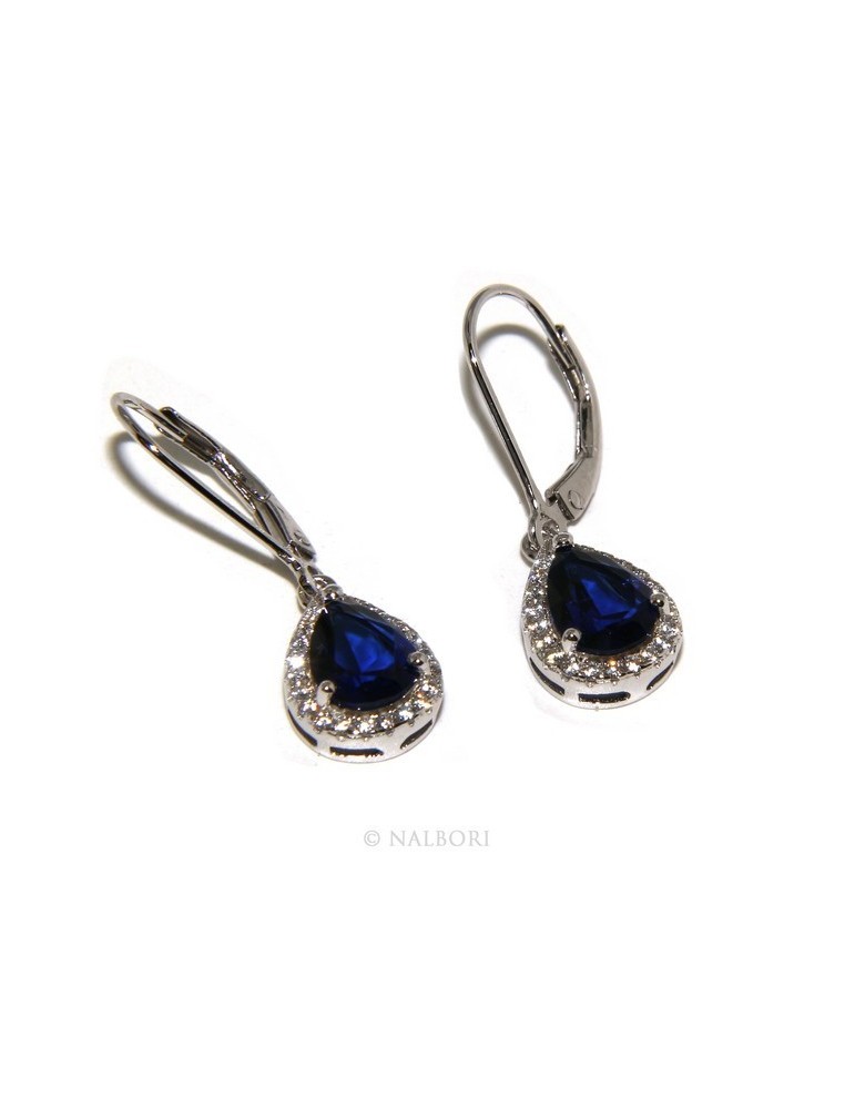 925: earrings woman light point white and blue zircon sapphire, teardrop shape and fishhook security.
