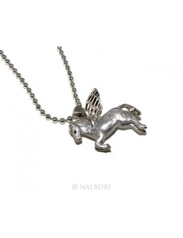 SILVER 925: 3 mm balls long necklace pendant Pegasus winged horse 3D enamelled