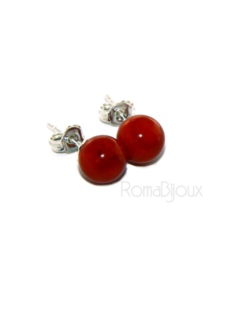 Earrings in 925 sterling silver pearl ball calibrated natural coral red 8mm