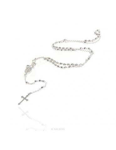 Collana rosario uomo o donna in Argento 925 palline diamantate 3mm croce madonna miracolosa