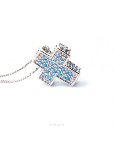 Silver 925: Venetian woman 45 cm Necklace and Crocodile Cross 3D Light blue acquamarine Zircon