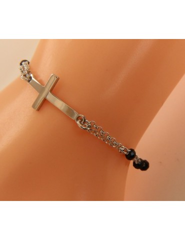 Bracciale rosario uomo donna in Argento 925 croce convessa e cristallo nero. Misura 16,50 - 19,00