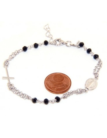 925 Silver Woman Woman Rosary Bracelet with Miraculous Madonna, Cross and Black Crystal 17.50 - 20.00