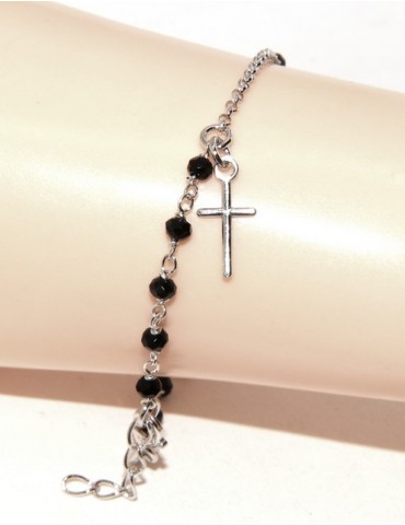 Bracciale lavorazione a rosario uomo donna in Argento 925 croce a ciondolo 15,5-18 cm