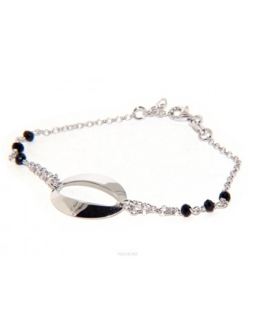 Bracelet woman girl Silver 925 rosary working black crystal with central oval 15.5 - 18 cm