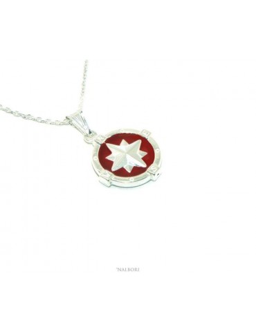 Sterling silver fortified man necklace with red enamel rose wind pendant