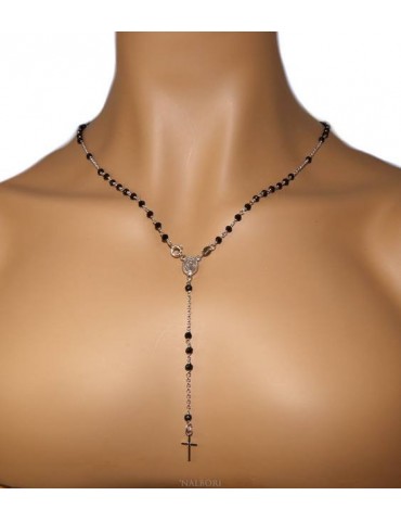 NALBORI Rosary Necklace 925 Silver With 3.5 mm Black Crystal Miraculous Madonna Cross 58 cm