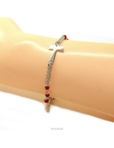 NALBORI Rosary bracelet Silver 925 with TAU cross and red crystal 15 17.5 cm