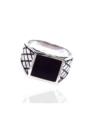 Silver ring 925 chevalier shield squared black diamond pattern